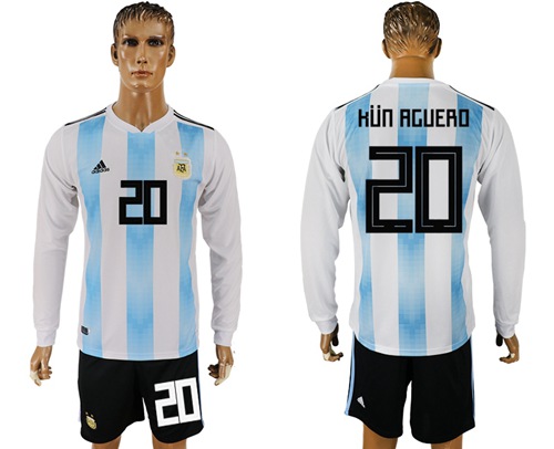 Argentina #20 Kun Aguero Home Long Sleeves Soccer Country Jersey